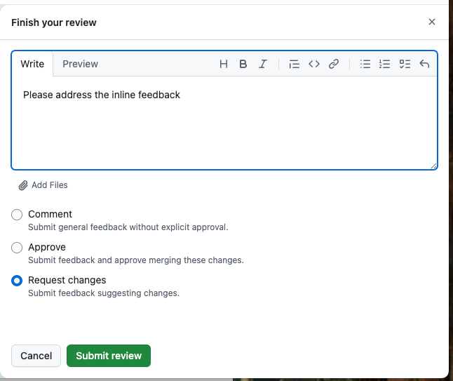Request Changes in GitHub PR