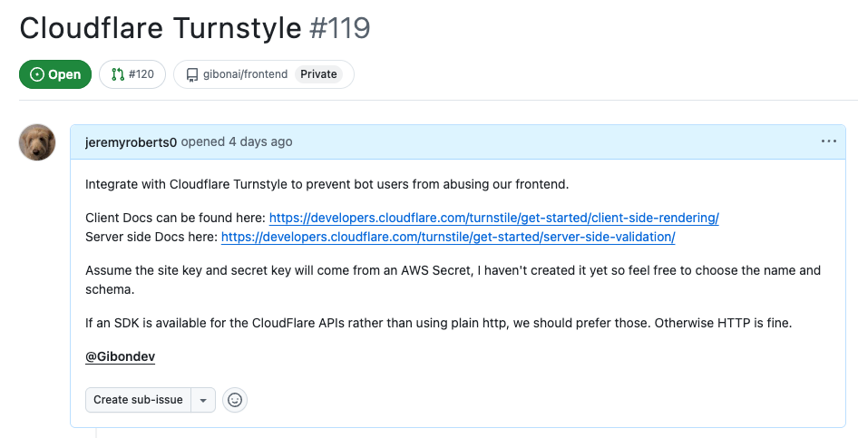 Example task in GitHub Issues